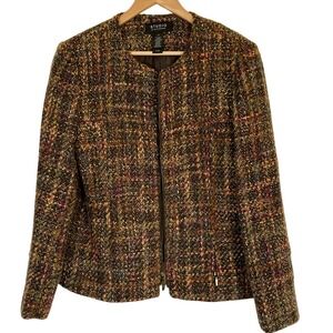 Liz Claiborne Womens Brown Orange Tweed Zip Front Blazer Size 16 Wool Blend
